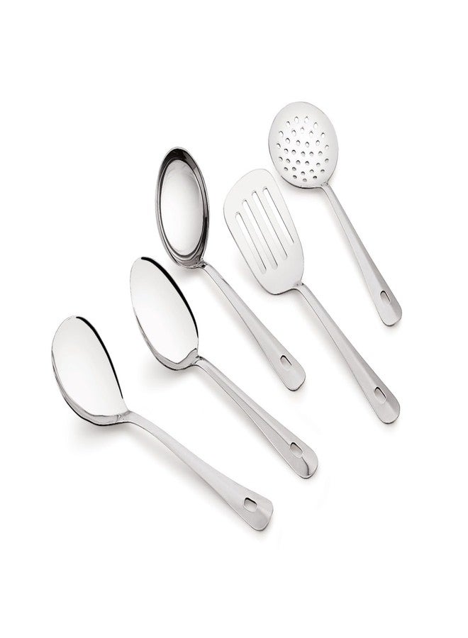 TIARA Lara 5pc Set Serving Cooking Spoon 1.2 mm Thickness Stainless Steel ladle, Rice Spoon, Skimmer, Round Spoon, Basting Spoon (5 Pc Serving Set) - Image 1